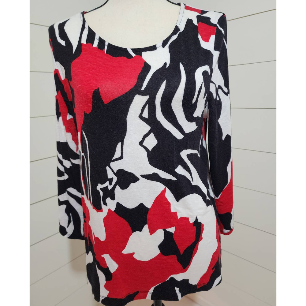 Easywear By Chico's Red White Black 3/4 Slit Sleeve Top Size 1 Med.